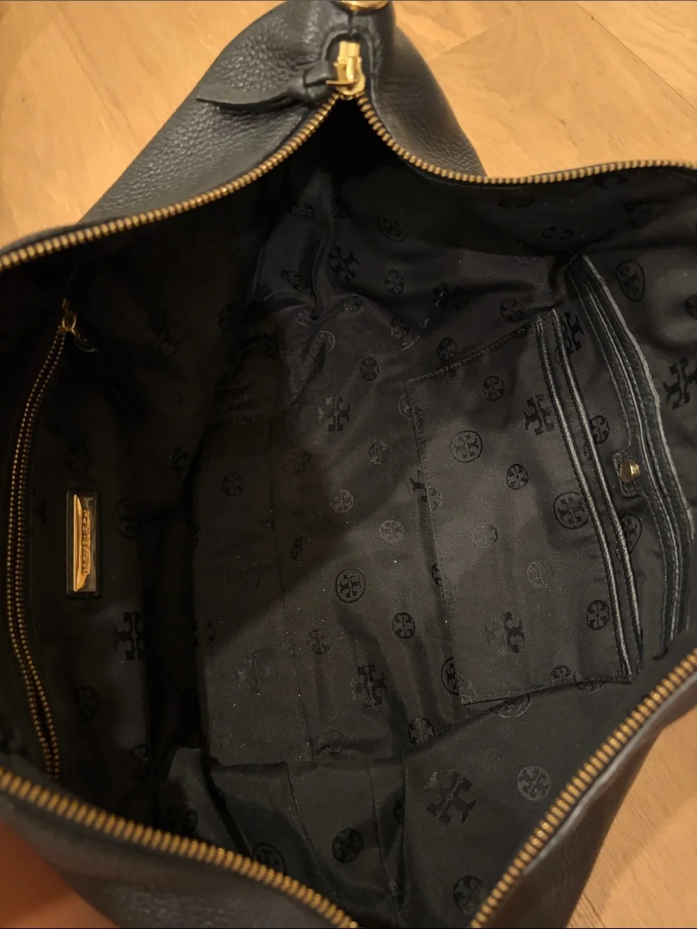 Tory Burch Black Pebbled Leather Tote with Gold Logo Accent
